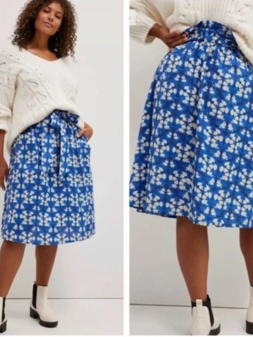 Anthropologie Paper Bag Midi Skirt Porridge Lanai Blue Belted Geo Size 1X NEW